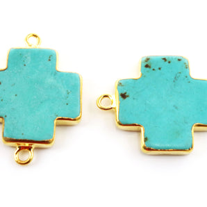 Gold Electroplated Turquoise Cross Bezel Connector, 25 mm, (BZCT-1102) - Beadspoint
