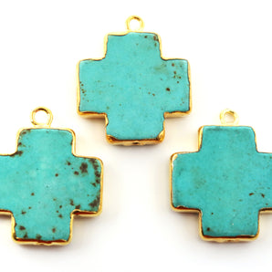 Gold Electroplated Turquoise Cross Bezel Pendant, 25 mm, (BZCT-1103) - Beadspoint