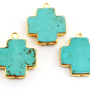 Gold Electroplated Turquoise Cross Bezel Pendant, 25 mm, (BZCT-1103) - Beadspoint