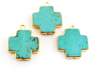 Gold Electroplated Turquoise Cross Bezel Pendant, 25 mm, (BZCT-1103) - Beadspoint