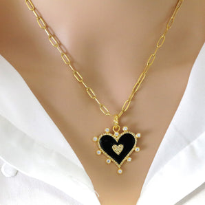 Pave Diamond Twin Heart, "In My Heart" enamel Pendant, (DEM-4102)