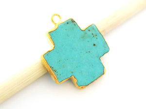 Gold Electroplated Turquoise Cross Bezel Pendant, 25 mm, (BZCT-1103) - Beadspoint