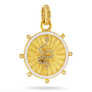 Pave Diamond White Enamel Snake Medallion Pendant, (DPM-1224)