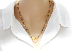 Sterling Silver artisan handmade soldered paperclp two tone chain w/ Diamond Clasp, (DCHN-47)