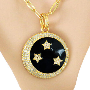 Pave Diamond Night Sky Enamel Moon and Star Pendant, (DEM-4104)