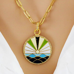 Pave Diamond Rising Sun to Sea Enamel Pendant, (DEM-4105)