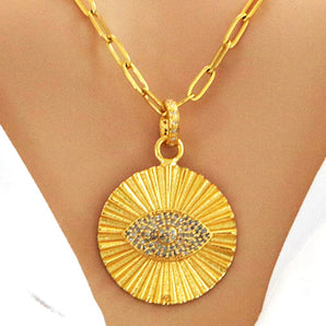 Pave Diamond Fluted Evil Eye Medallion Pendant, (DPM-1186)