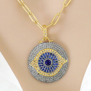 Pave Diamond Evil Eye Medallion Pendant with Sapphire, (DPM-1192)