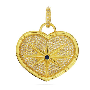 Pave Diamond Heart Compass Pendant with Sapphire Center, (DPM-1191)