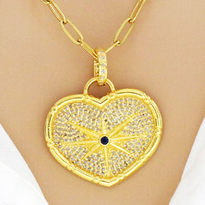 Pave Diamond Heart Compass Pendant with Sapphire Center, (DPM-1191)