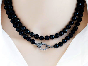 Hand Knotted Black Onyx Smooth Bead Necklace w/ Pave Diamond Clasp, (DCHN-51)