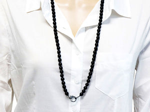 Hand Knotted Black Onyx Smooth Bead Necklace w/ Pave Diamond Clasp, (DCHN-51)