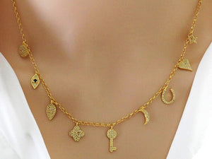 Pave Diamond Lucky Charm Necklace w/ diamond Clasp, (DNK-025)