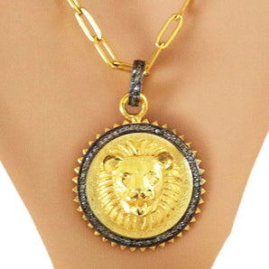 Pave Diamond 3D Lions Head Medallion Pendant, (DPM-1188)