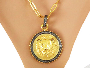Pave Diamond 3D Lions Head Medallion Pendant, (DPM-1188)