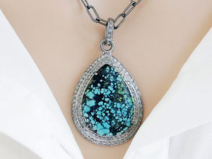 Pave Diamond Turquoise Drop Pendant, (DTR-2048)