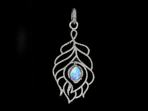 Pave Diamond Feather Pendant with Fiery Opal Center, (DPL-2439)
