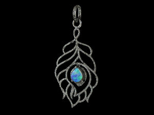 Pave Diamond Feather Pendant with Fiery Opal Center, (DPL-2439)