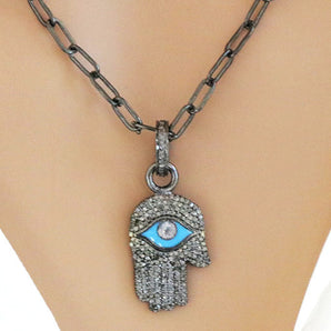 Pave Diamond Hamsa with Enamel Evil Eye Pendant (DPM-1204)