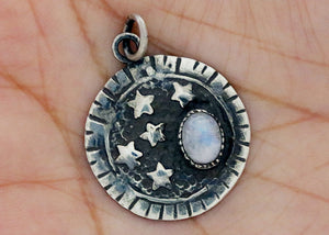 Sterling Silver Rainbow Moonstone and Star Artisan Handcrafted Pendant, (SP-5577)