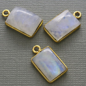 Gold Plated Rainbow Moonstone Smooth Rectangle Bezel Pendant, 15X11 mm, (BZC-2004) - Beadspoint