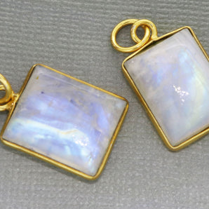 Gold Plated Rainbow Moonstone Smooth Rectangle Bezel Pendant, 19X15-16 mm, (BZC-2007) - Beadspoint