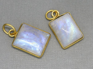 Gold Plated Rainbow Moonstone Smooth Rectangle Bezel Pendant, 19X15-16 mm, (BZC-2007) - Beadspoint