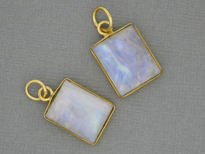 Gold Plated Rainbow Moonstone Smooth Rectangle Bezel Pendant, 19X15-16 mm, (BZC-2007) - Beadspoint