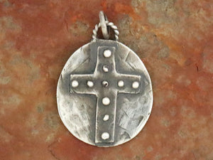 Sterling Silver Artisan Cross Oval Disc Pendant, (AF-474)