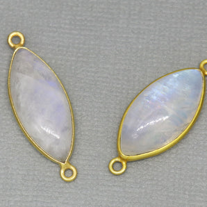 Gold Plated Rainbow Moonstone Smooth Marquise Bezel Connector, 22X11 mm, (BZC-2020) - Beadspoint