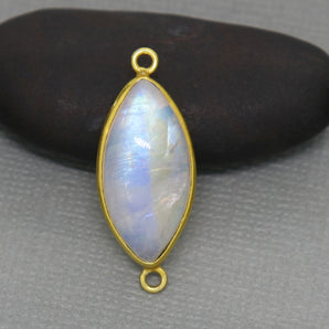 Gold Plated Rainbow Moonstone Smooth Marquise Bezel Connector, 22X11 mm, (BZC-2020) - Beadspoint