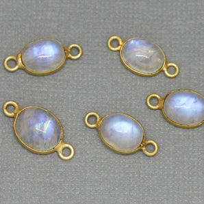 Gold Plated Rainbow Moonstone Smooth Oval Bezel Connector, 7X9 mm, (BZC-2025) - Beadspoint