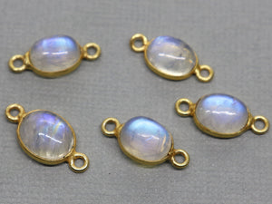 Gold Plated Rainbow Moonstone Smooth Oval Bezel Connector, 7X9 mm, (BZC-2025) - Beadspoint