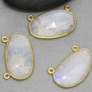 Gold Plated Rainbow Moonstone Faceted Fancy Bezel w/ 2 Bail, 27x16 mm, (BZC-2034) - Beadspoint