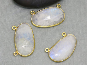 Gold Plated Rainbow Moonstone Faceted Fancy Bezel w/ 2 Bail, 27x16 mm, (BZC-2034) - Beadspoint