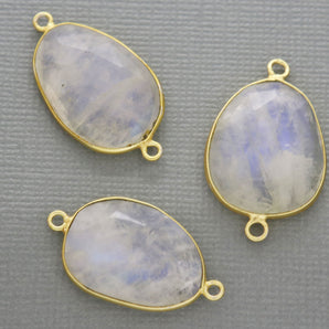 Gold Plated Rainbow Moonstone Faceted Oval Bezel Connector, 22-24 mm, (BZC-2037) - Beadspoint