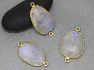 Gold Plated Rainbow Moonstone Faceted Oval Bezel Connector, 22-24 mm, (BZC-2037) - Beadspoint