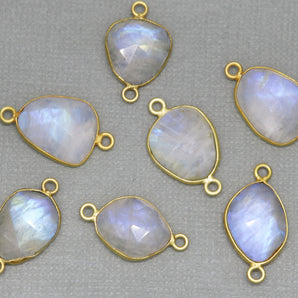 Gold Plated Rainbow Moonstone Faceted Oval Bezel Connector, 14-15 mm, (BZC-2039) - Beadspoint