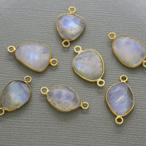 Gold Plated Rainbow Moonstone Faceted Oval Bezel Connector, 14-15 mm, (BZC-2039) - Beadspoint