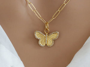 14k Solid Yellow Gold & Diamond Butterfly Charm, (14K-DCH-858)