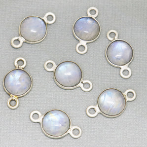 Silver Plated Rainbow Moonstone Smooth Round Coin Bezel Connector, 9-10mm, (BZC-2048) - Beadspoint