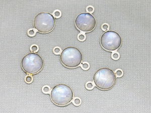 Silver Plated Rainbow Moonstone Smooth Round Coin Bezel Connector, 9-10mm, (BZC-2048) - Beadspoint