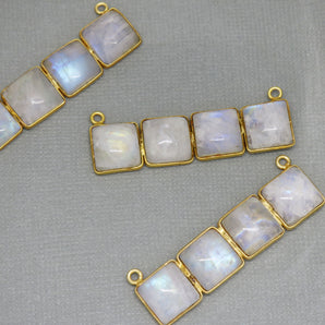 Gold Plated Rainbow Moonstone Cabochon Rectangle Pendant w/ 2 Bails, 46X12 mm,(BZC-2052) - Beadspoint