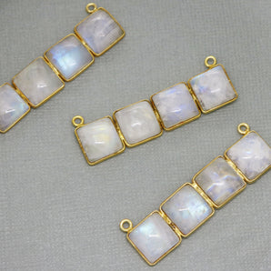 Gold Plated Rainbow Moonstone Cabochon Rectangle Pendant w/ 2 Bails, 46X12 mm,(BZC-2052) - Beadspoint