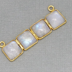 Gold Plated Rainbow Moonstone Cabochon Rectangle Pendant w/ 2 Bails, 37X9 mm, (BZC-2053) - Beadspoint