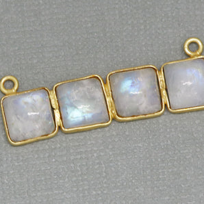 Gold Plated Rainbow Moonstone Cabochon Rectangle Pendant w/ 2 Bails, 37X9 mm, (BZC-2053) - Beadspoint