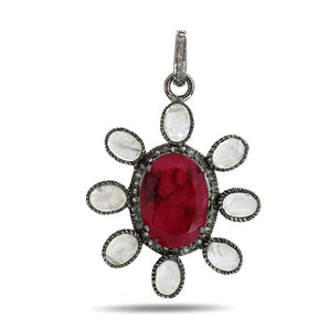 Pave Diamond Rosecut Ruby & Rainbow Pendant, (DRB-7121)