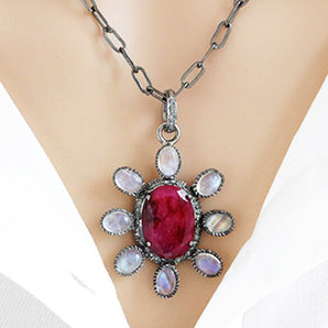 Pave Diamond Rosecut Ruby & Rainbow Pendant, (DRB-7121)