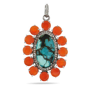 Pave Diamond Turquoise and Carnelian Pendant, (DPL-2441)
