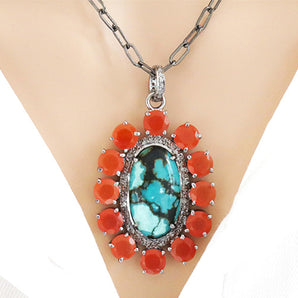 Pave Diamond Turquoise and Carnelian Pendant, (DPL-2441)